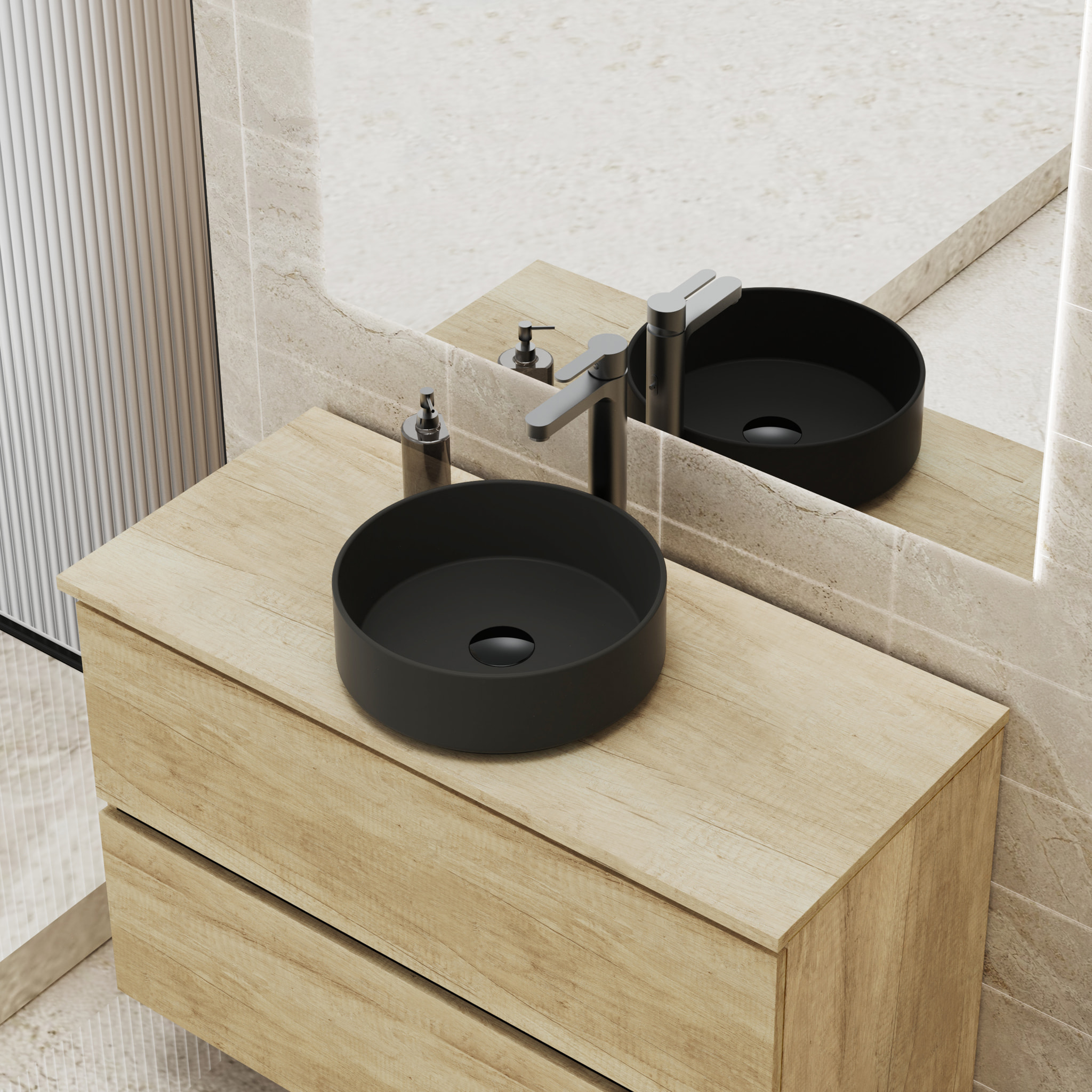 CONJUNTO DE BAÑO GLOOM | MUEBLE DE BAÑO SUSPENDIDO | 100 CM NATURE| DOS CAJONES | LAVABO SOBRE ENCIMERA | MUEBLE MONTADO | ALDAY