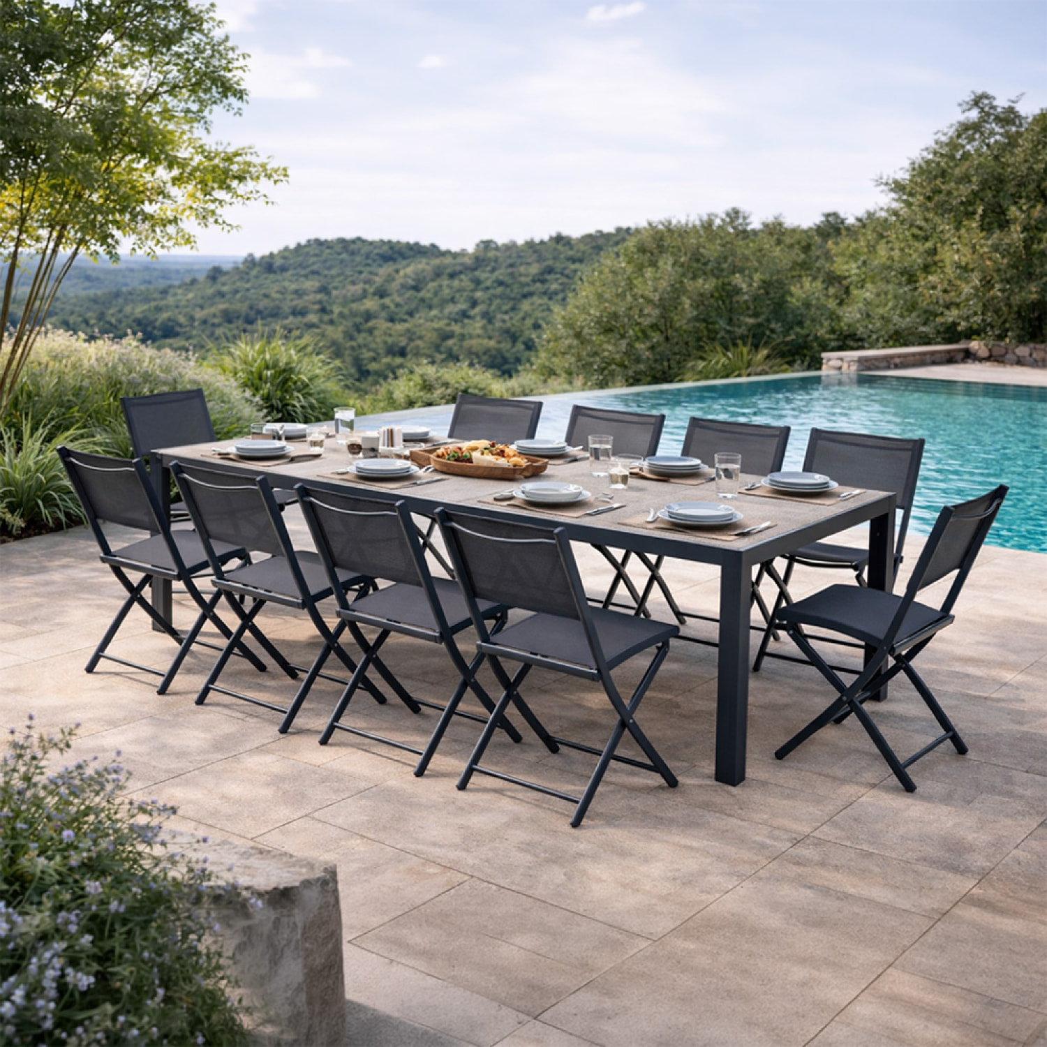 Table de jardin 200cm en aluminium et avec plateau en verre trempé effet bois NAIROBI