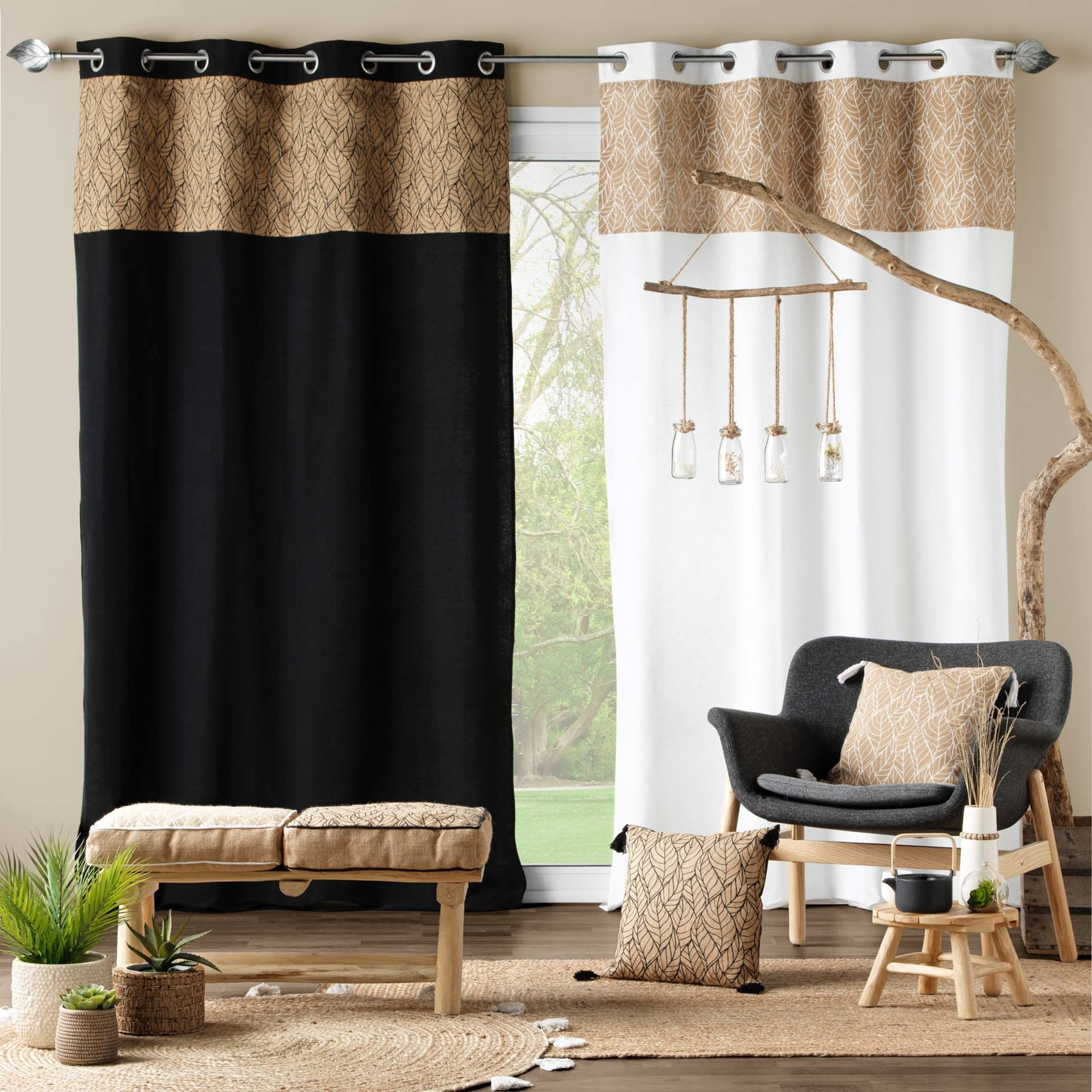 Rideau bi-matière avec toile de jute imprimée - Blanc