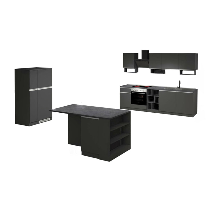 Cucina completa Arlo, Set con dispensa, Mobile per cucinotto, Kit blocco con isola e portafrigo, 100% Made in Italy, Antracite e Ardesia