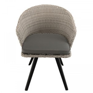 VICTOIRE - Chaise de jardin en rotin synthétique gris avec coussin gris pieds noirs en métal