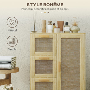 Meuble bas salle de bain style bohème - porte, étagère, 3 tiroirs - effet rotin bois clair