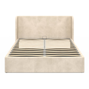 Lit coffre Lucia en velours beige avec sommier et tête de lit 140x190cm