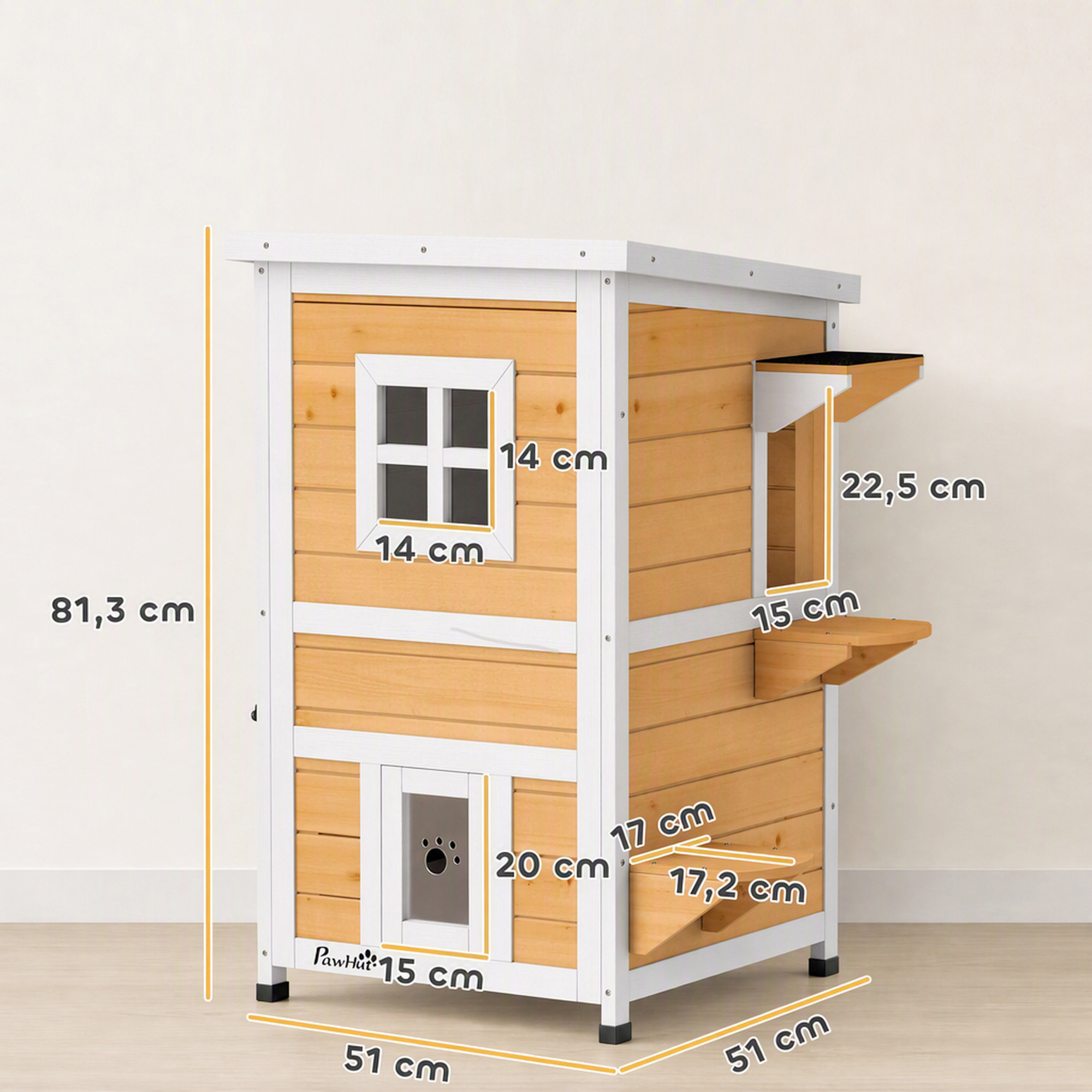 PawHut Caseta para Gatos de Madera Exterior, Casa para Gatos de 2 Niveles con Techo Abatible, Panel Central Extraíble, Ventanas, Puertas, para Terraza, Balcón, Jardín, 51x51x81,3 cm, Natural