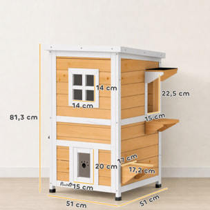 PawHut Caseta para Gatos de Madera Exterior, Casa para Gatos de 2 Niveles con Techo Abatible, Panel Central Extraíble, Ventanas, Puertas, para Terraza, Balcón, Jardín, 51x51x81,3 cm, Natural