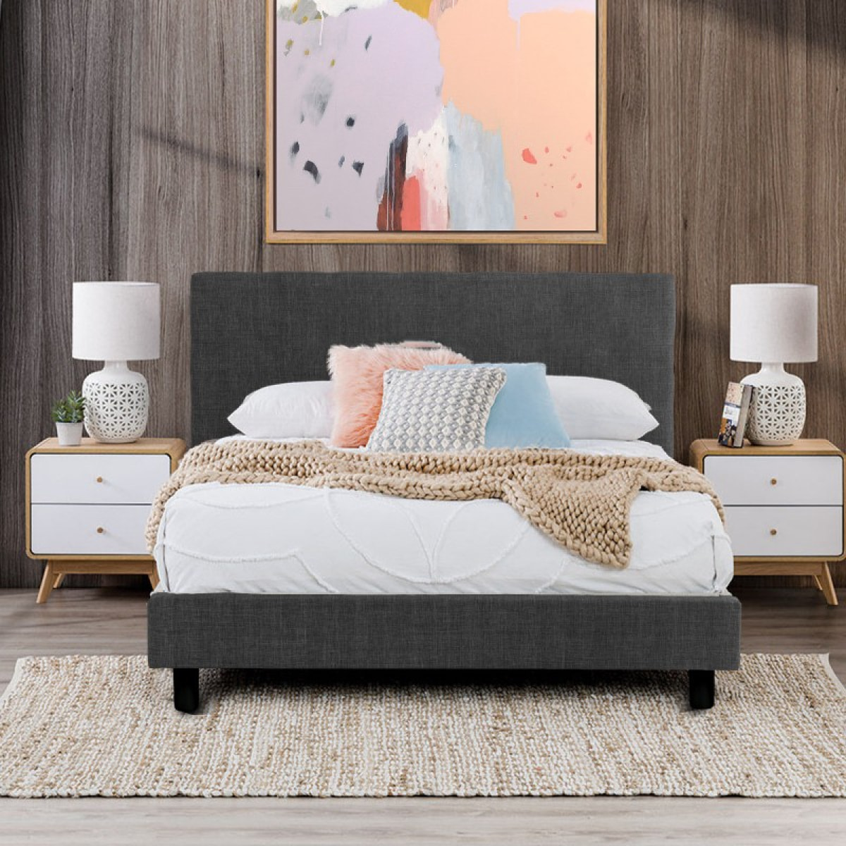 Lit Venise Tissu Gris fonce + Matelas Memoire de Forme| Design et qualité