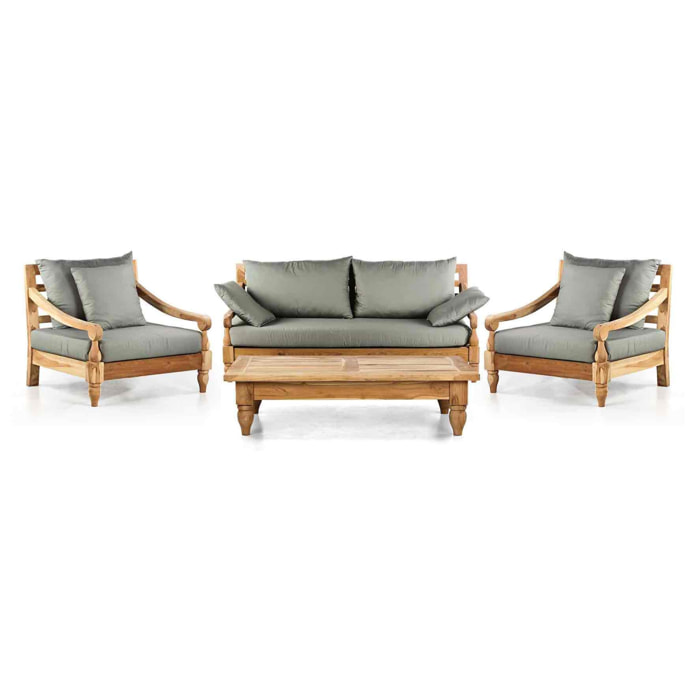 Salotto da giardino in teak naturale con cuscini grigi - Bagon