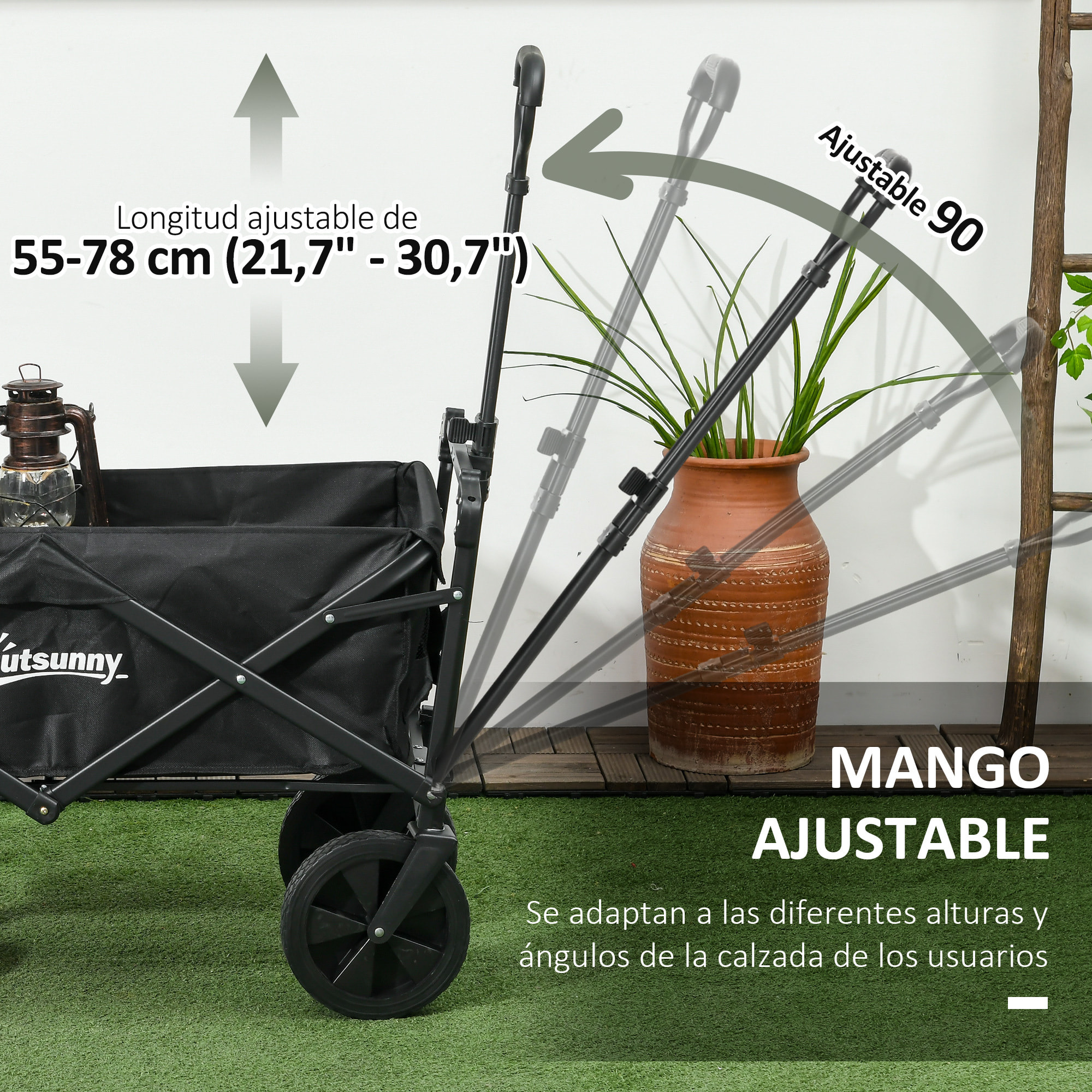 Carro Plegable con Toldo Desmontable Carro de Jardín con Longitud y Ángulo del Mango Ajustables y Bolsa de Transporte Carga 100 kg Negro