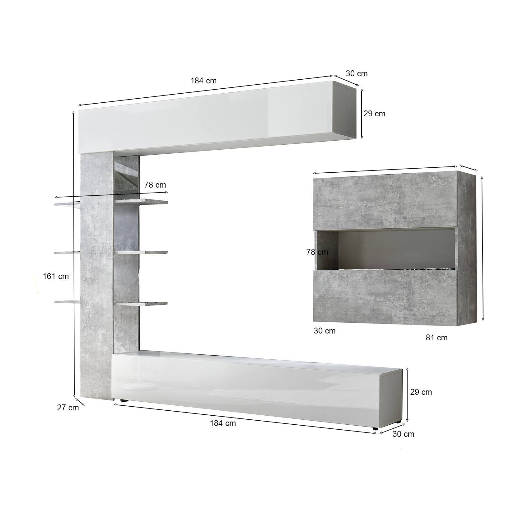 Parete attrezzata da soggiorno reversibile, Made in Italy, Mobile porta TV, Set salotto moderno, cm 295x30h197, colore Bianco lucido e Cemento