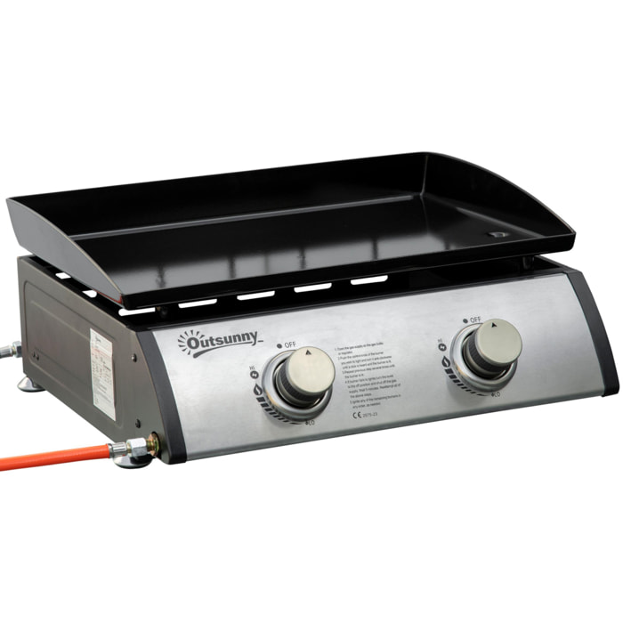 Barbacoa de Gas Sobremesa con 2 Quemadores de Acero Inoxidable 6 kW Barbacoa Portátil con Plancha para Jardín Picnic Camping 48,5x46x21 cm Negro y Plata