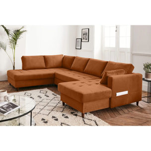 Anna - canapé panoramique d'angle gauche - 7 places - convertible avec coffre - en velours - Rouille