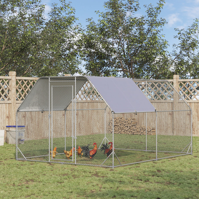 Gallinero para Exterior Grande, 2,8x3,8x1,95 m, Gallinero de Acero Galvanizado con 2 Habitaciones, Cubierta de Tela Oxford, Anti-UV e Impermeable, Jaula para 10-12 Gallinas y Conejos, Plata