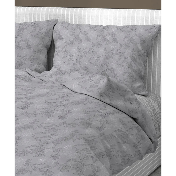 Parure Copripiumino Lily Grigio per letto singolo in 100% Cotone e Made in Italy, moderno floreale