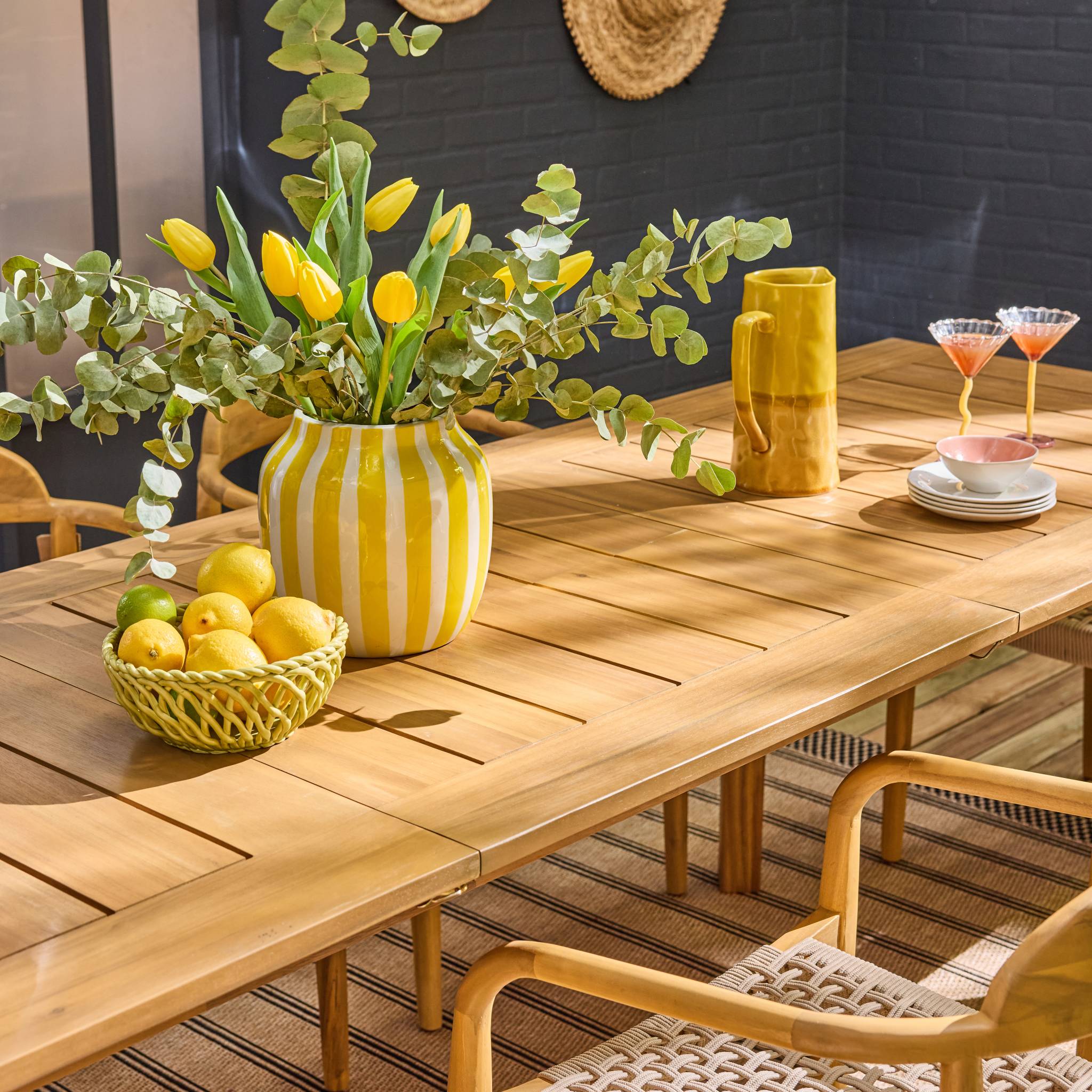 Table de jardin extensible bois d'acacia + 8 assises PALENA et CERINA  naturel et beige 275 x 100 x 75 cm