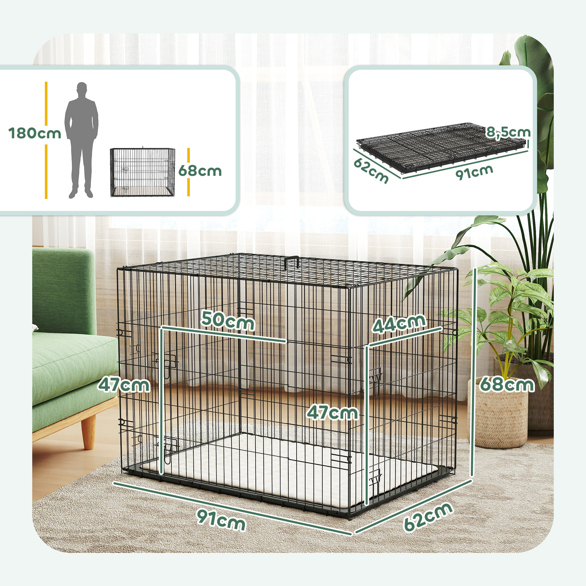 PawHut Jaula para Perros Plegable, Jaula para Perros Grandes con Cojín, 2 Puertas, Bandeja Extraíble y Marco de Alambre Metálico, 90x57,5x62 cm, Negro y Beige