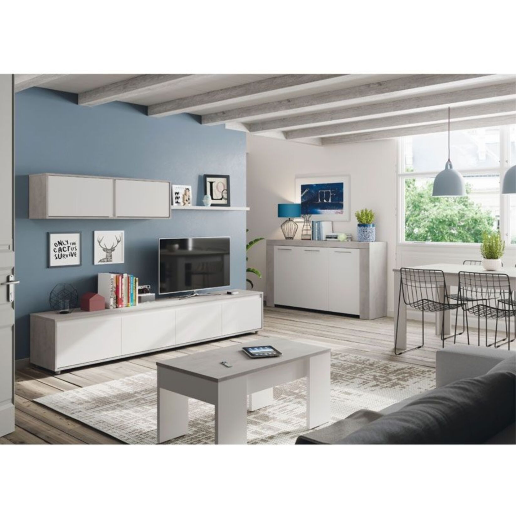 Mesa de centro elevable Low Cost Blanco Artik (Blanco Mate) - Gris Cemento