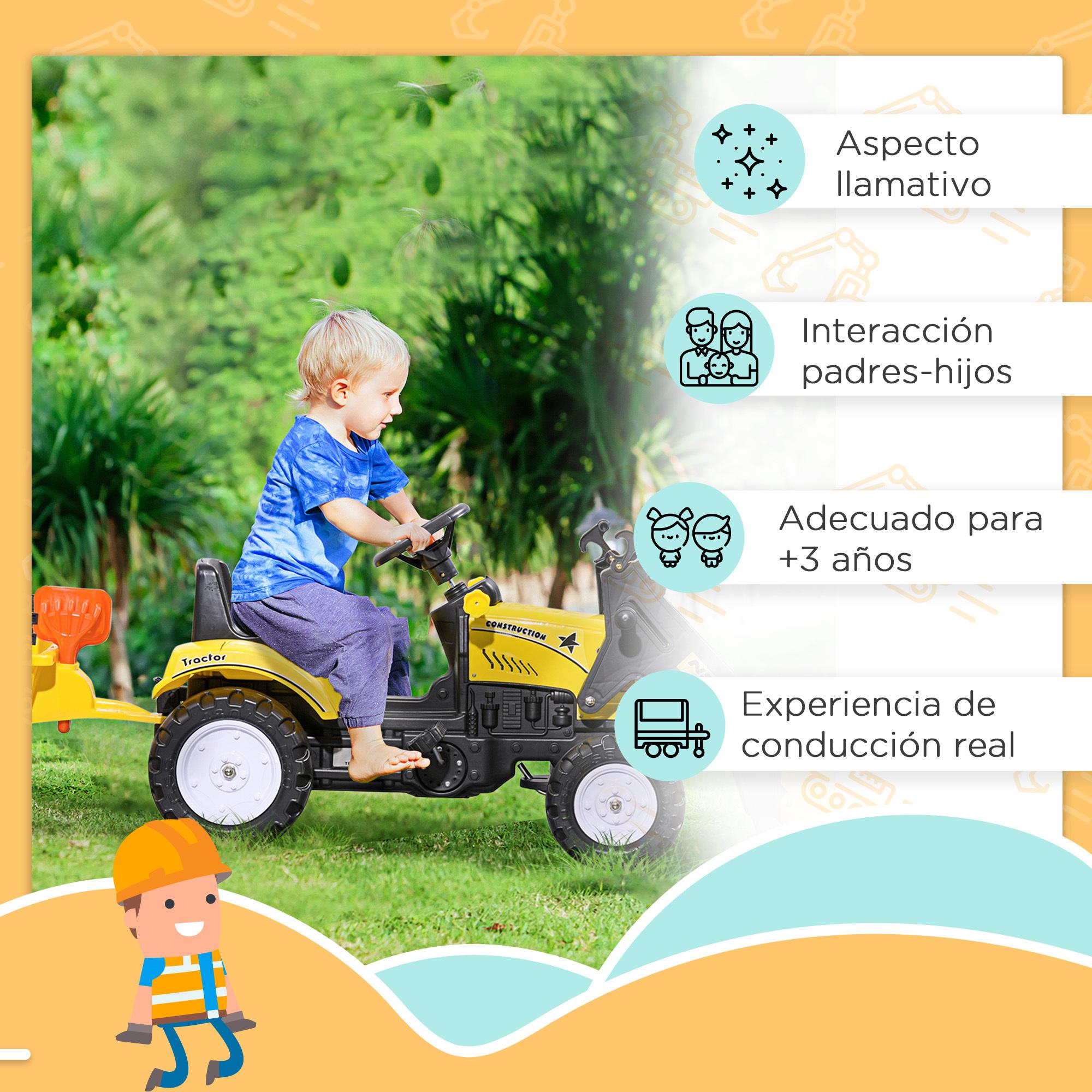 Tractor a Pedales para Niños de 3 Años Excavadora Infantil Juguete de Montar con Remolque Extraíble y Pala Delantera Carga 35 kg 167x41x52 cm Amarillo