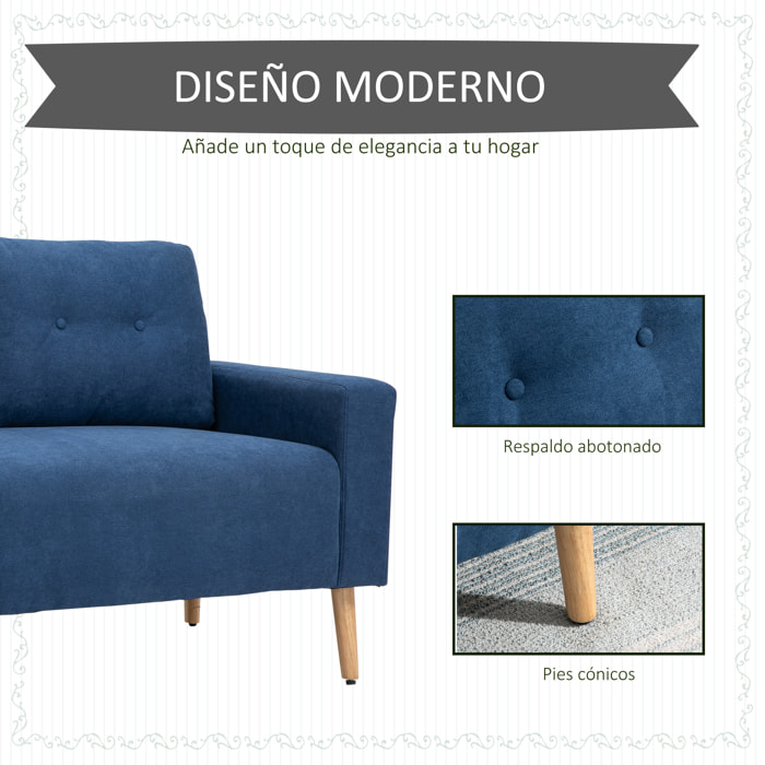 Sofá de 2 Plazas Sillón Moderno Tapizado en Poliéster con 2 Cojines Reposabrazos y Patas de Madera de Caucho para Dormitorio Oficina 145x76x88 cm Azul