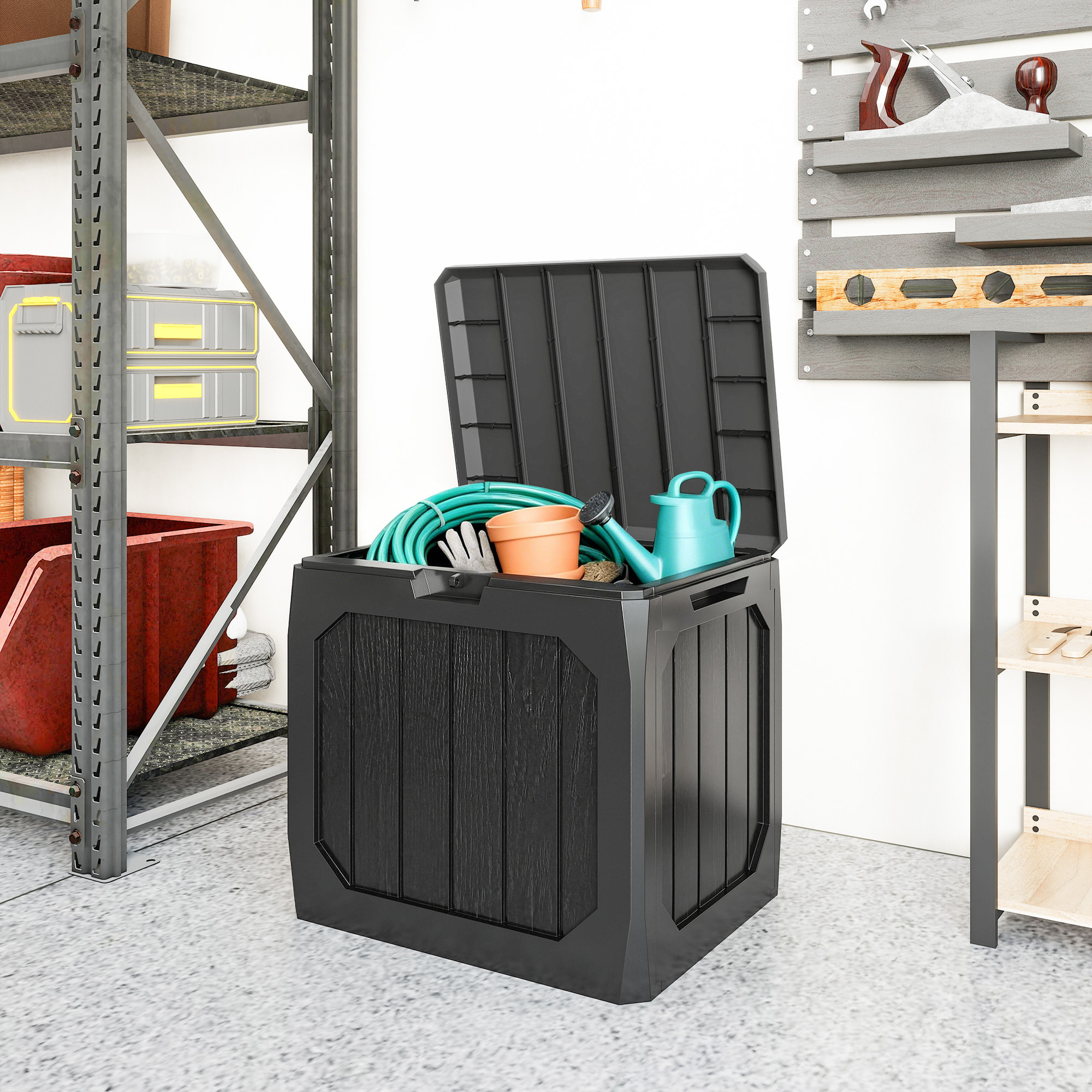 Arcón Exterior Capacidad 121L, Baúl Almacenaje Exterior de Plástico con 2 Asas y Tapa Bloqueable, Impermeable, Resistente a la Intemperie, para Jardín, Terraza, Patio, 56x45x53 cm, Negro