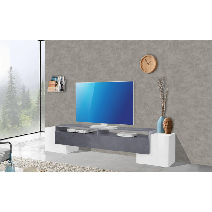 Mobile da soggiorno Porta TV, Made in Italy, Supporto per TV da salotto a 3 ante e ripiani, cm 210x45h45, colore Bianco lucido e Grigio Cenere