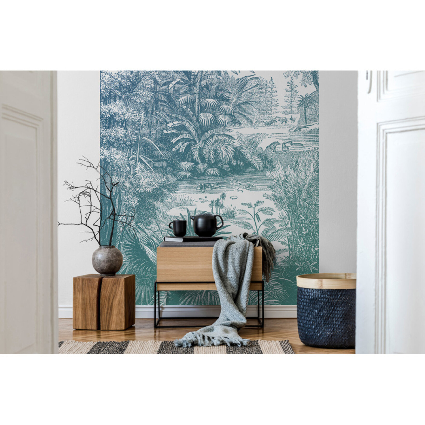 Papier peint panoramique Araucaria - Bleu Vert - Un décor mural de 4 lés (192x270cm), créé et fabriqué en France