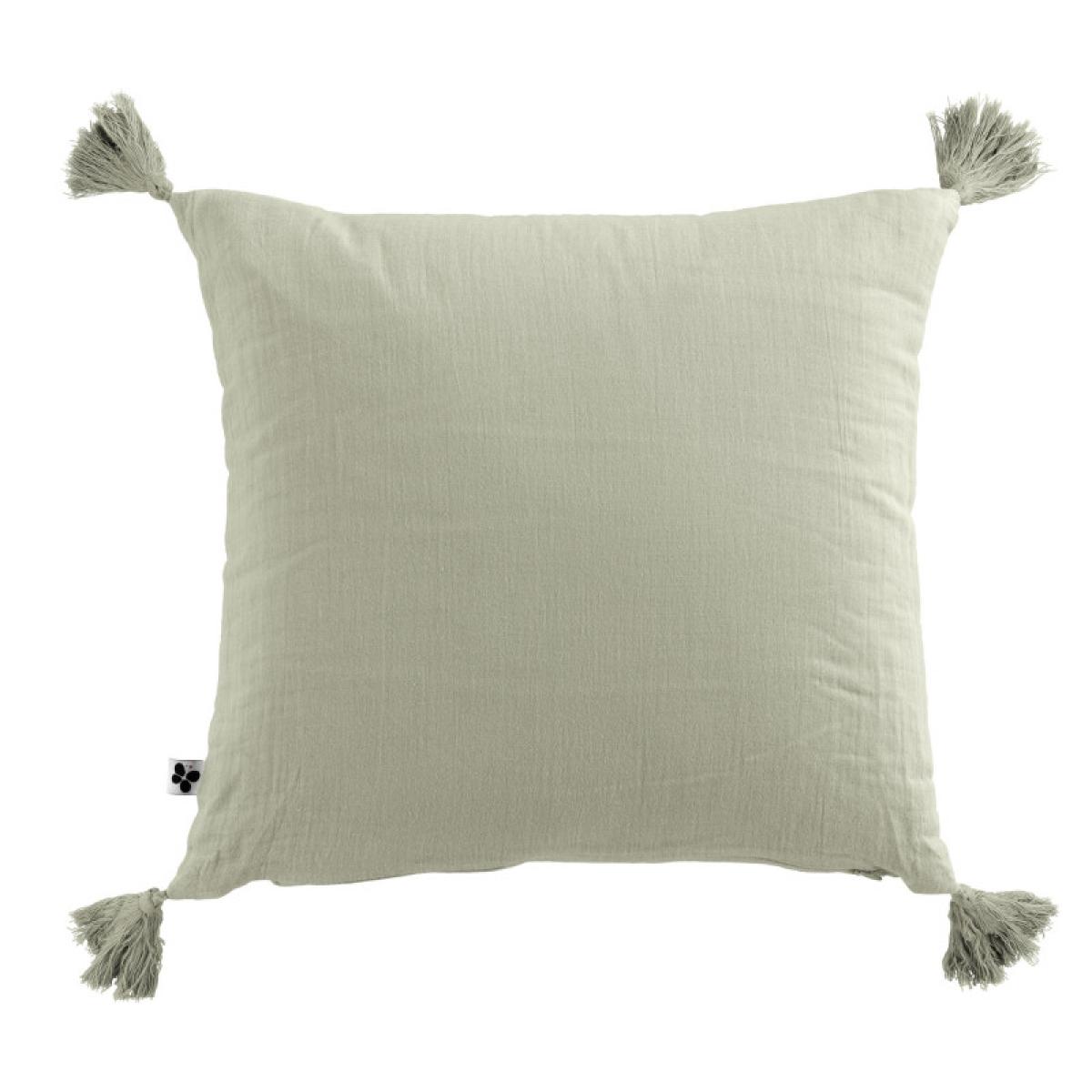 Coussin déhoussable avec pompons ''Gaïa'' 40 x 40 cm ''Gaze de Coton'' - Couleur: Gaïa Vert d'Eau