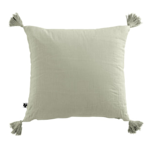 Coussin déhoussable avec pompons ''Gaïa'' 40 x 40 cm ''Gaze de Coton'' - Couleur: Gaïa Vert d'Eau