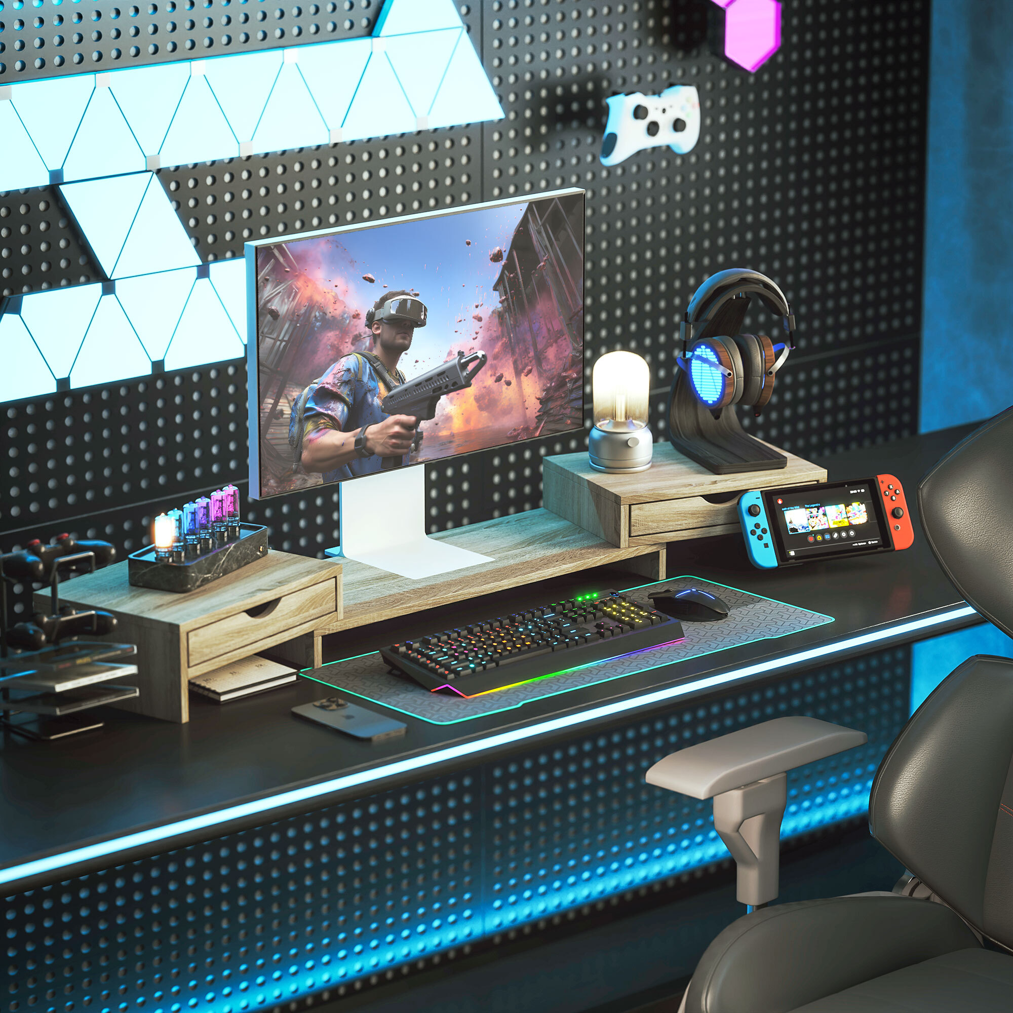 Elevador Monitor Ángulo y Longitud Ajustable, Soporte para Monitor Escritorio con 2 Cajones, para PC, Portátil, 60-116x22x12 cm, Roble