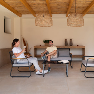 Conjunto de jardín 4 plazas, mesa centro+sofá+sillones de acero gris
