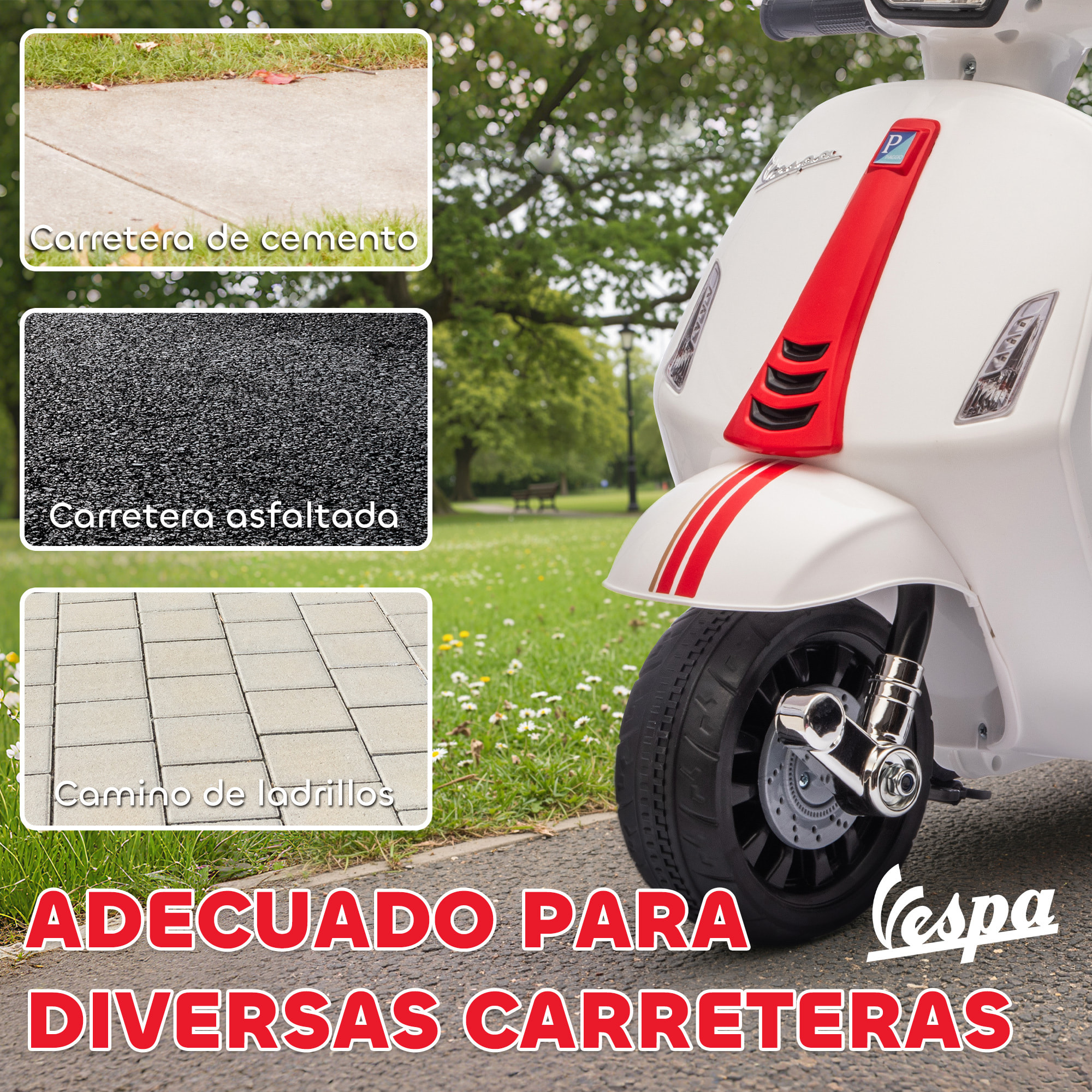 Moto Eléctrica para Niños 6V con Licencia Vespa, Moto Eléctrica Infantil con Ruedas Auxiliares de 6,9'', Velocidad de 2,5km/h, Faro y Bocina, para Niños de 2-6 Años, Blanco