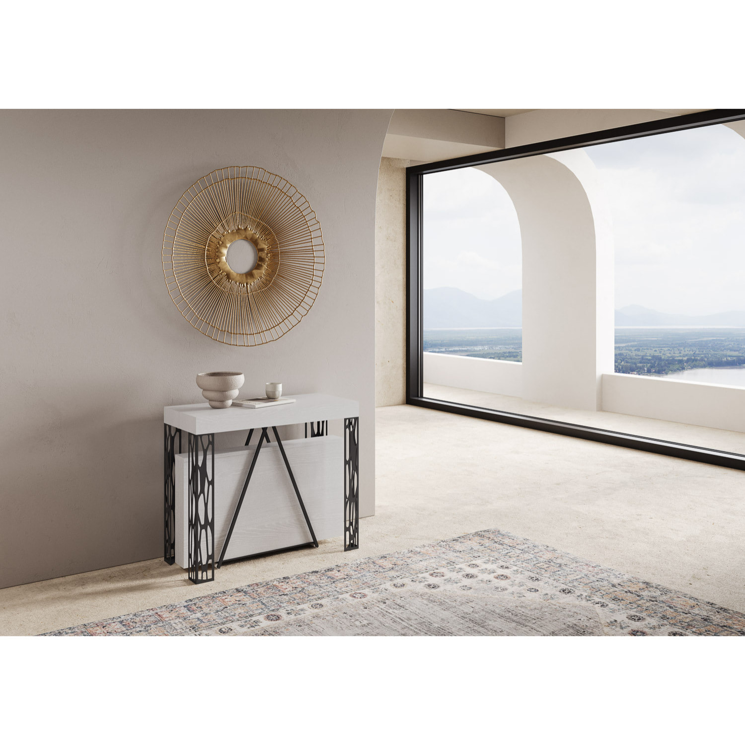 Consolle allungabile 90x40/300 cm Kerpa bianco frassino telaio antracite