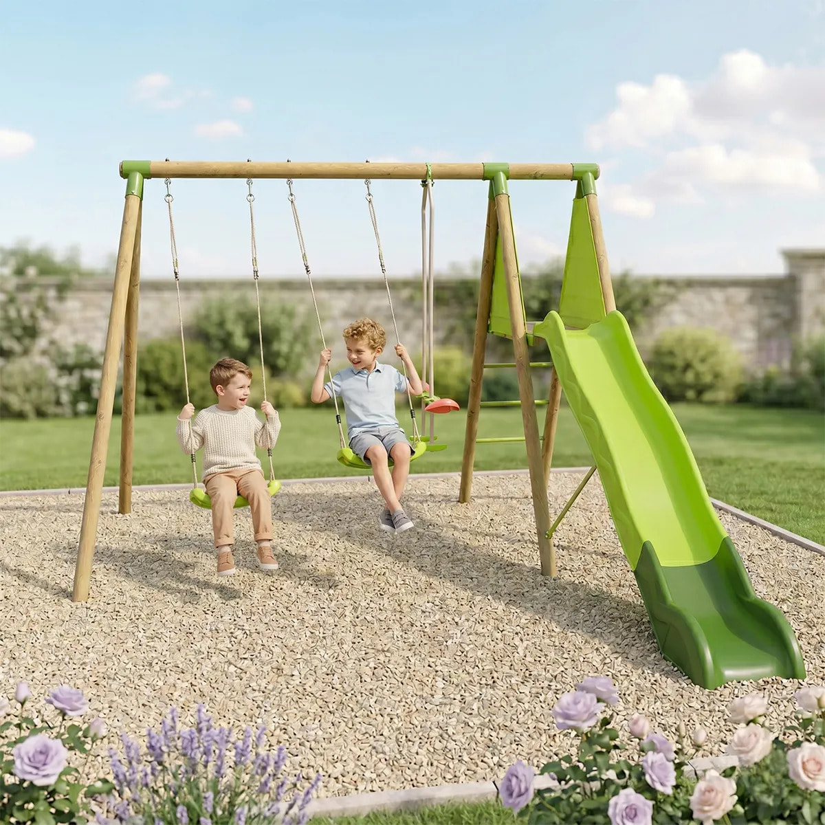 Balançoire en bois 2,30 m Topwood AZUKI VERT - 6 enfants