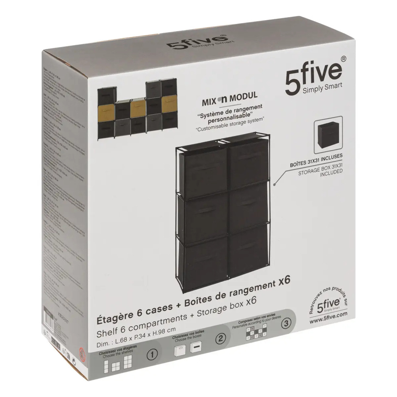 Etagère 6 cases avec 6 boîtes de rangement "Mix N' Modul" noir