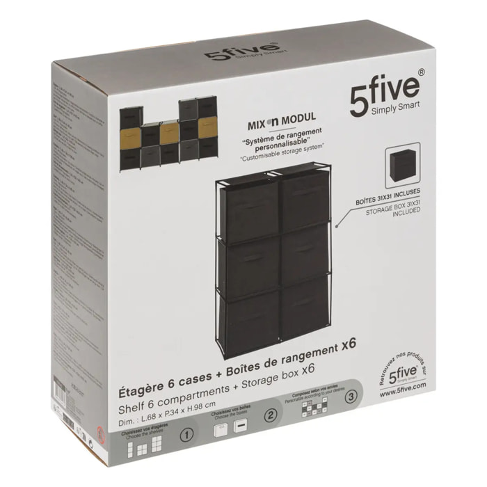 Etagère 6 cases avec 6 boîtes de rangement "Mix N' Modul" noir