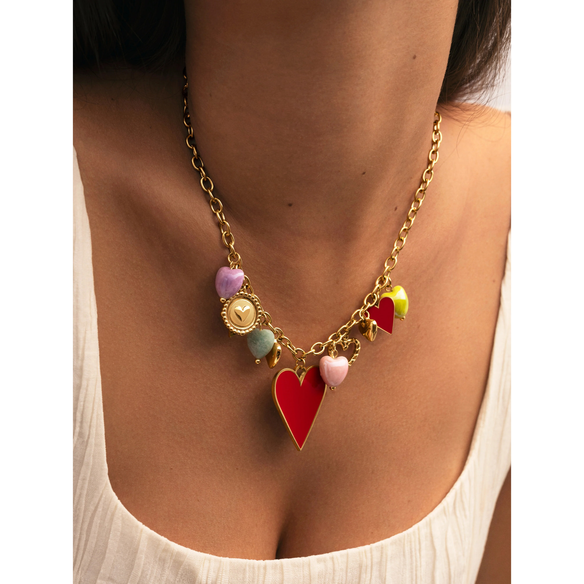 Collana Multicharms Cuori Acciao Placcato Oro