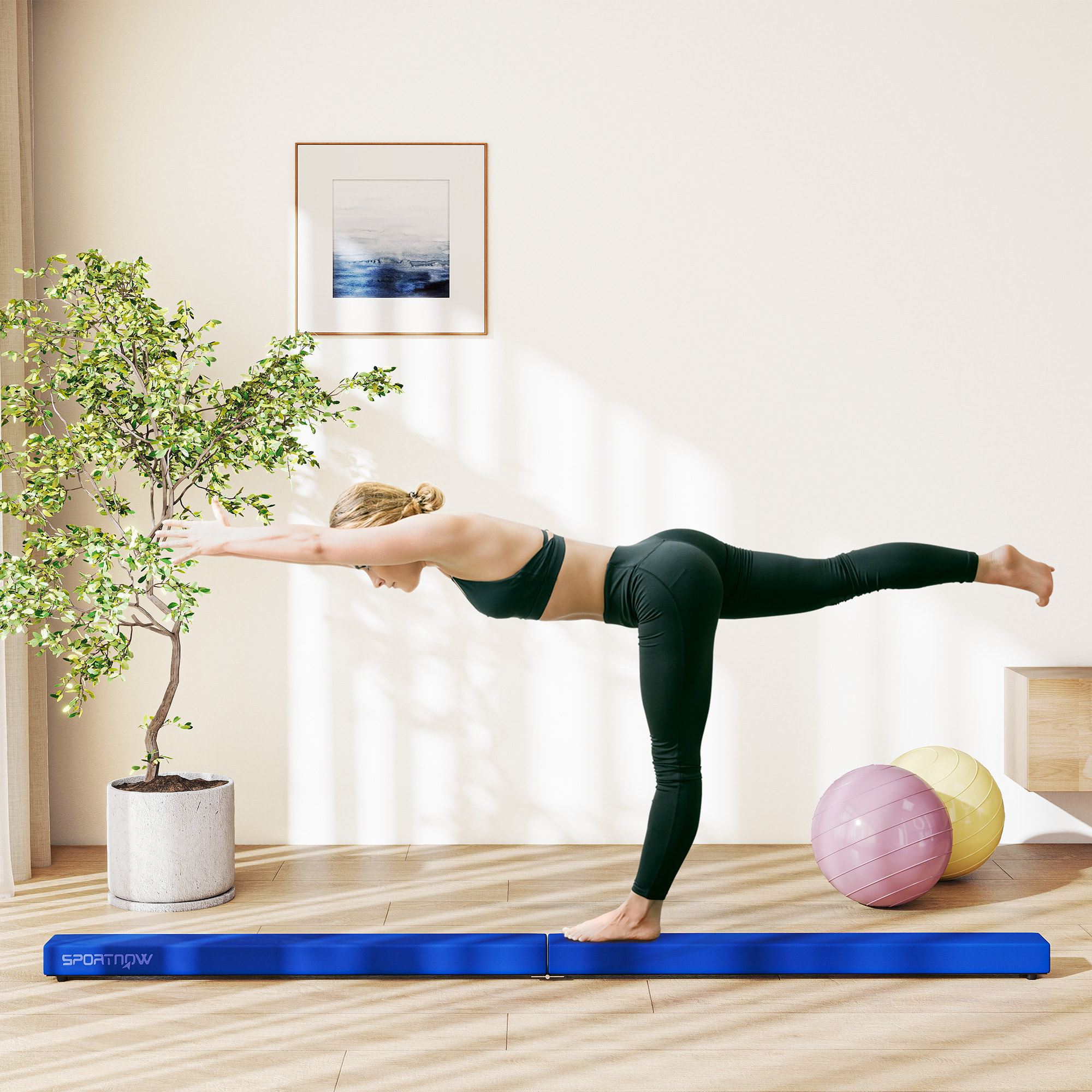 Poutre gymnastique pliable 210 cm - poutre d'équilibre antidérapante - bois de pin revêtement flanelle bleu