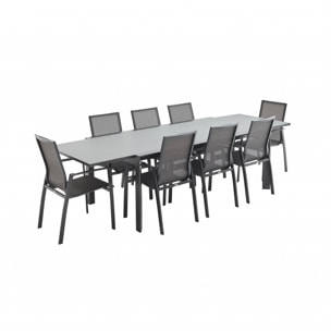 Table de jardin extensible aluminium + 8 assises - Washington Gris foncé - Table en aluminium 200/300cm. plateau en verre dépoli. rallonge et 8 fauteuils en textilène