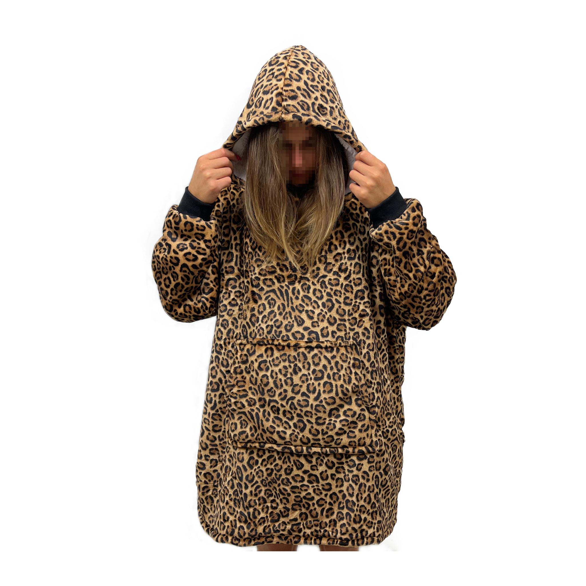 Felpa Coperta con Cappuccio Oversize Con Maniche Leopardata