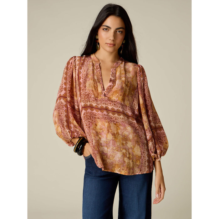 Oltre - Blusa estampada con mangas abullonadas - Naranja sol