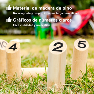 Juego de Bolos Finlandeses, 12 Bolos de Madera de Pino con 1 Palo de Lanzamiento y Caja de Transporte, Juego al Aire Libre para Adultos, Jardín, Picnic, Playa y Fiestas, Natural