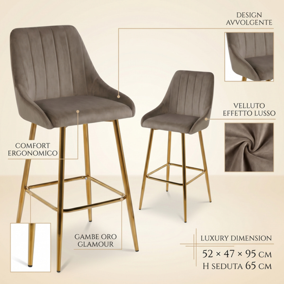 Sgabello Alto Imbottito in Effetto Velluto con Schienale e Poggiapiedi, Design Moderno per Penisola, Isola Cucina, Bancone Bar e Snack