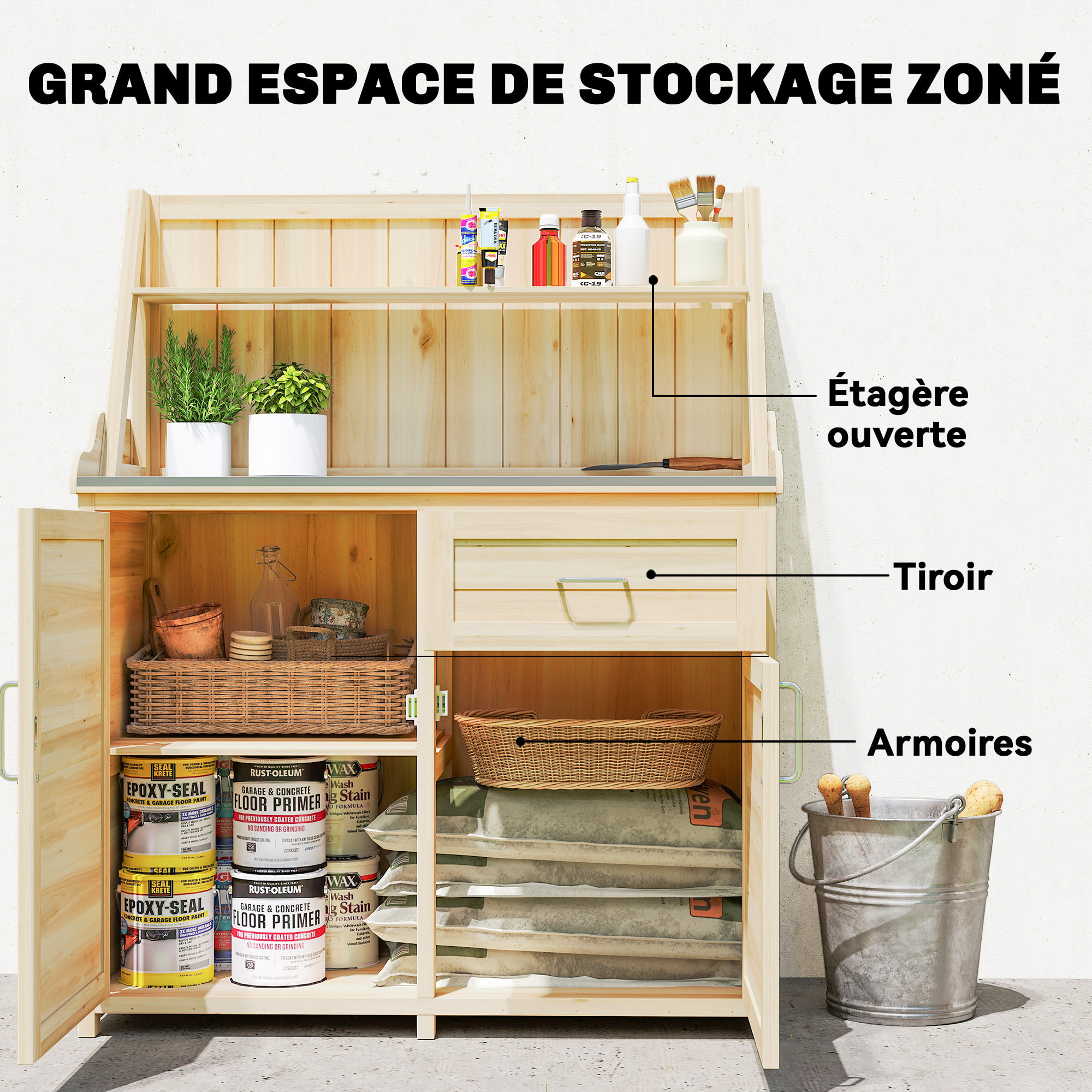 Armoire de jardin table de rempotage 2 en 1 - 2 portes, étagères, plateau acier