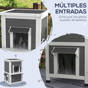 Caseta para Gatos de Madera 60x60x81,5 cm Casa para Gatos Refugio para Gatos de 2 Niveles con Cueva Cortina de Puerta Aleros Impermeables y Terraza Gris y Blanco