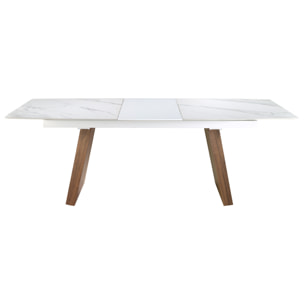 Mesa comedor Angel Cerdá extensible ovalada barril con tapa de mármol porcelánico blanco con vetas en gris en acabado mate 180x90x76cm