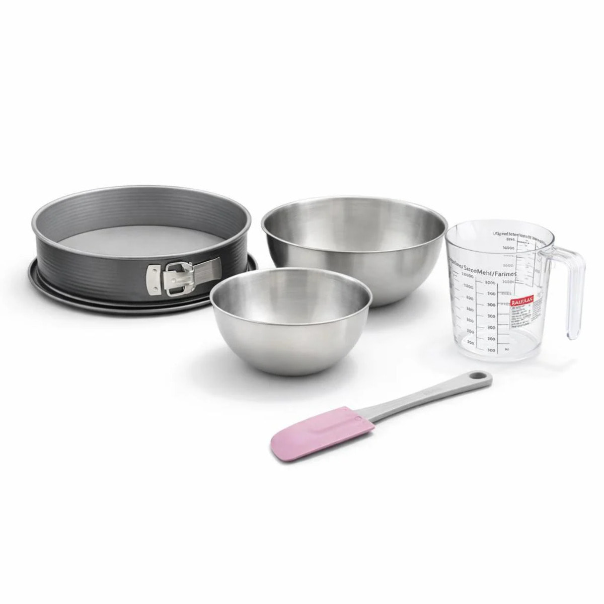 Set pâtisserie avec moule à manqué acier, 2 bols à mixer, verre mesureur et spatule Zenker