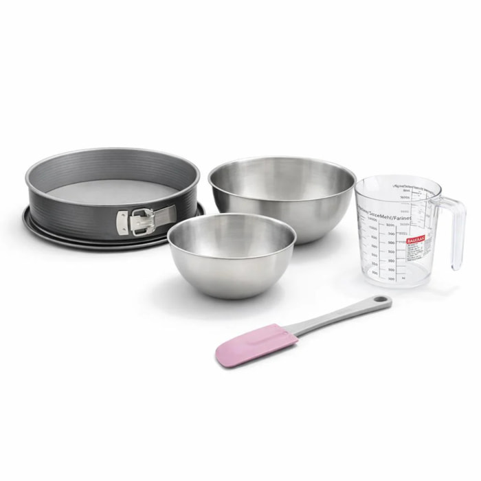 Set pâtisserie avec moule à manqué acier, 2 bols à mixer, verre mesureur et spatule Zenker