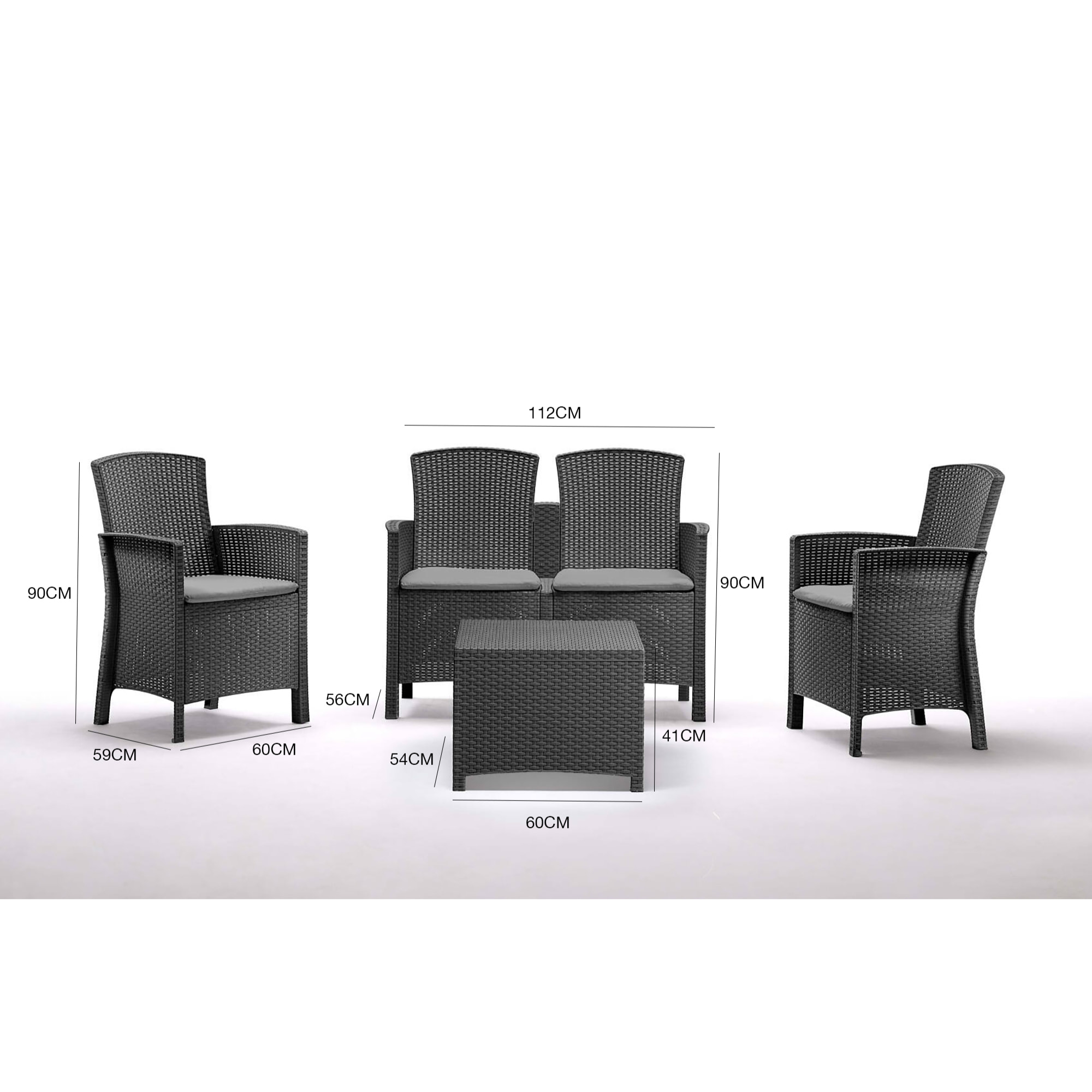 Set salotto da esterno Asiak, Salottino outdoor, Set da balcone o giardino, Composizione soggiorno per esterni, Made in Italy, Antracite