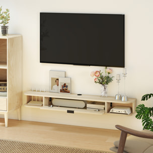 Mueble de TV Suspendido, Mueble de TV para Salón con Cajón Abatible, 2 Estantes Abiertos, Gestión de Cables, Estilo Moderno, para Televisión 60 Pulgadas, 140x24x16 cm, Madera Natural