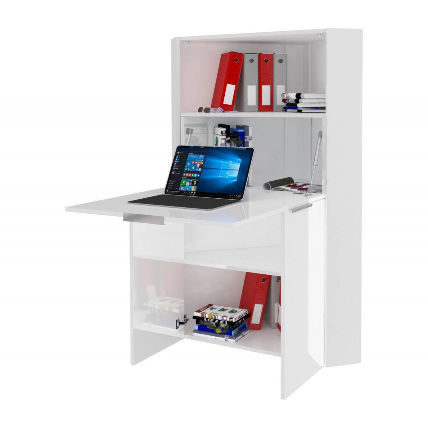 Scrivania Akiro, Mobile multiuso con scaffali e piano da lavoro, Tavolo multiuso per ufficio, Scrivania salvaspazio multiposizione, 100% Made in Italy, cm 70x57h140, Bianco lucido