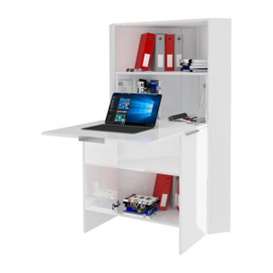Scrivania Akiro, Mobile multiuso con scaffali e piano da lavoro, Tavolo multiuso per ufficio, Scrivania salvaspazio multiposizione, 100% Made in Italy, cm 70x57h140, Bianco lucido